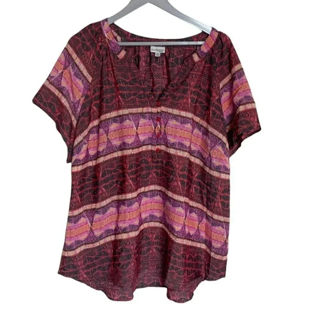 Kim Rogers Henley Blouse 1X Burgundy Pink Geometric Tribal Short Sleeve Top